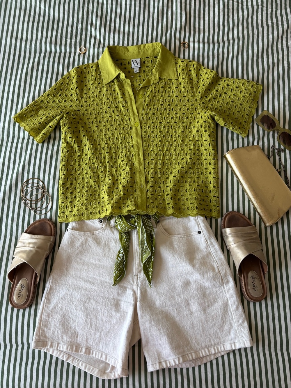 Worthington Lime Green Crochet Button-Down Short-Sleeve Top
